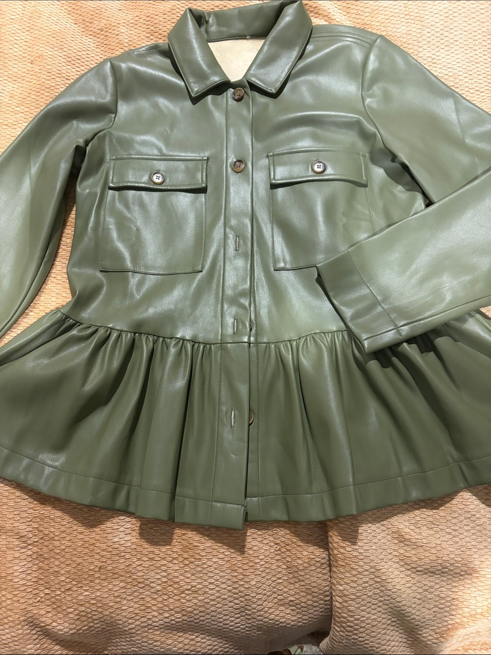 Marla Wynne Olive Green Faux Leather Peplum Peacoat